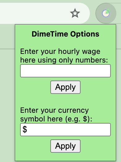 screenshot of dimetimesaver popup